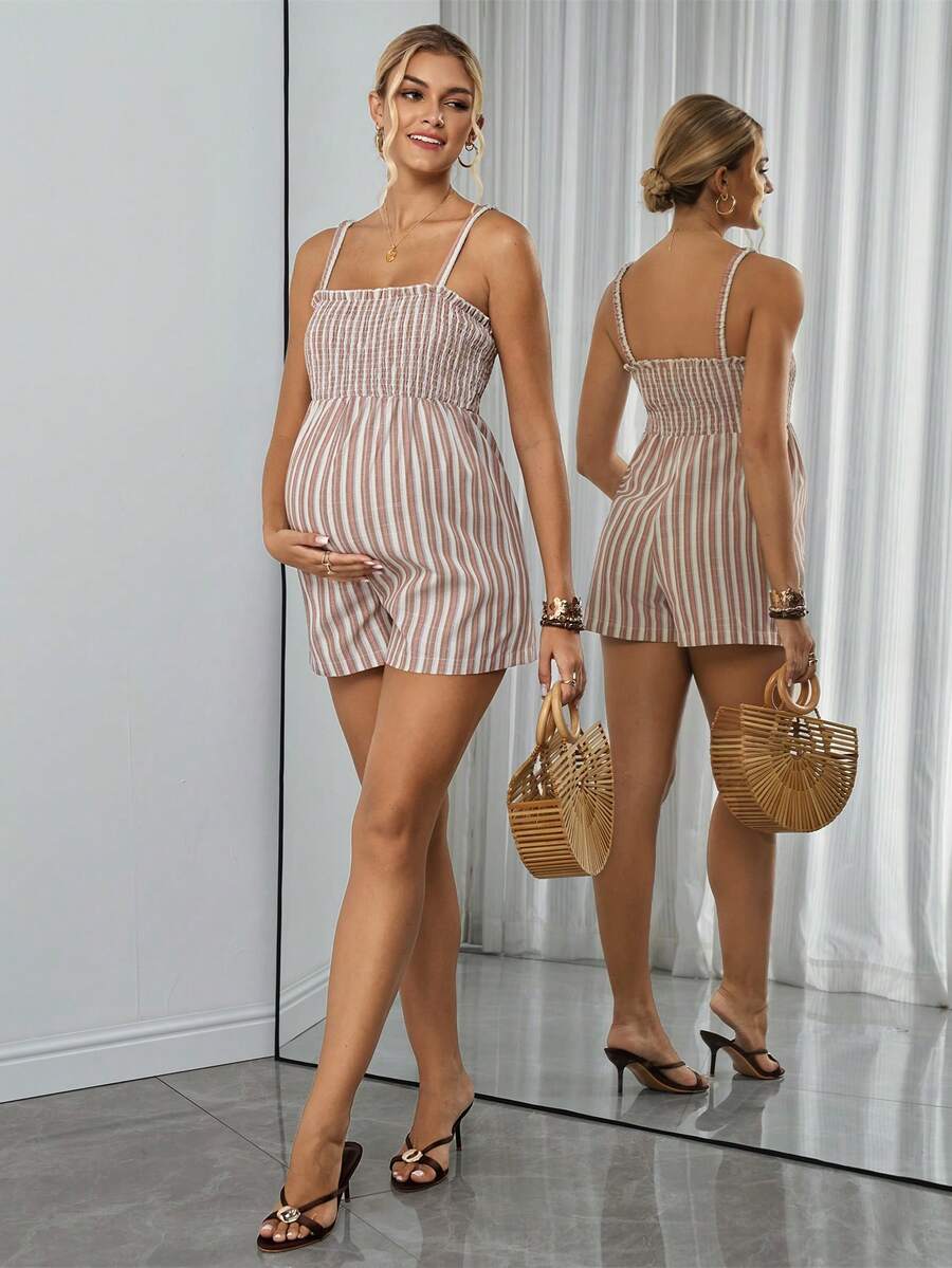 Striped Shirred Square Neck Maternity Cami Romper with Straps High Waist Casual Khaki Sleeveless Short Summer Jumpsuit
