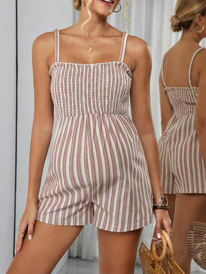 Striped Shirred Square Neck Maternity Cami Romper with Straps High Waist Casual Khaki Sleeveless Short Summer Jumpsuit