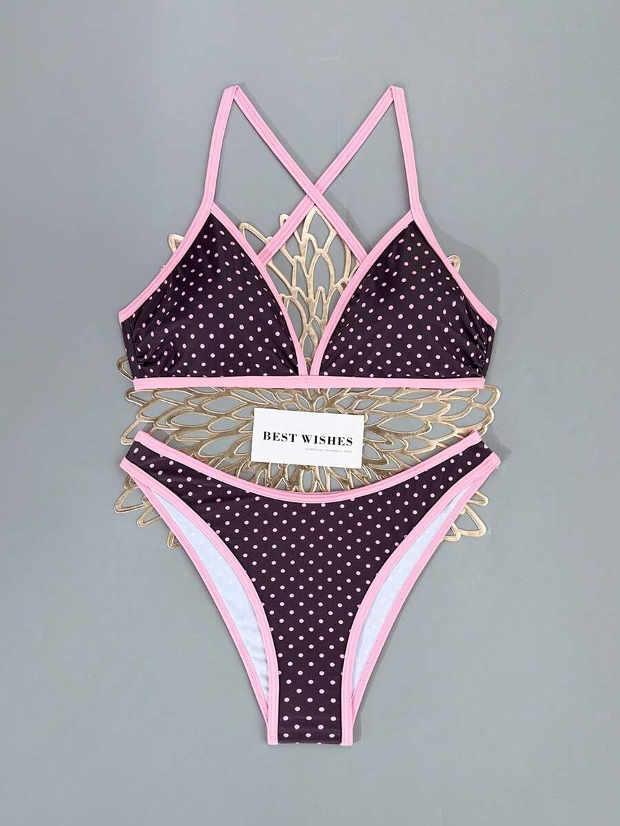 Women's Sporty Triangle Bikini Set - Contrasting Trim, Criss Cross, Spaghetti Strap, Navy Blue
