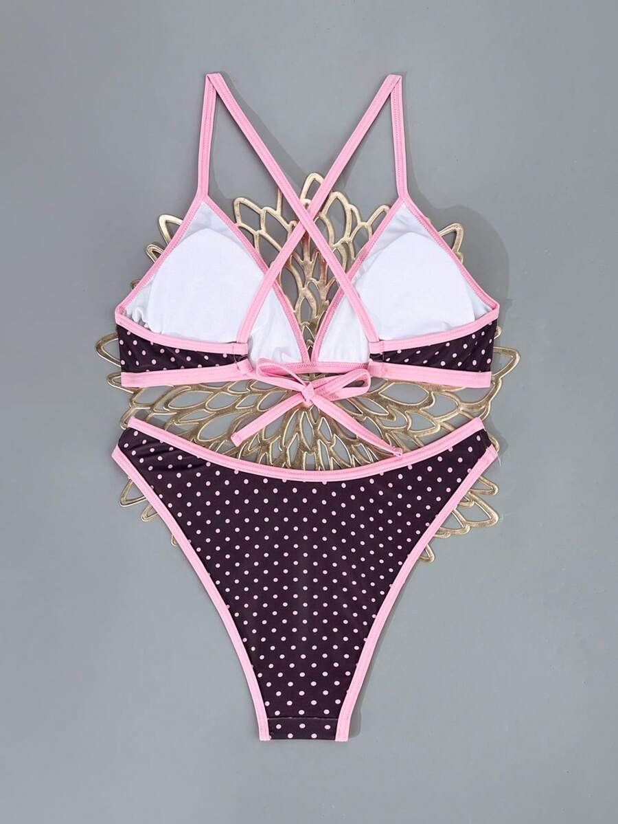 Women's Sporty Triangle Bikini Set - Contrasting Trim, Criss Cross, Spaghetti Strap, Navy Blue