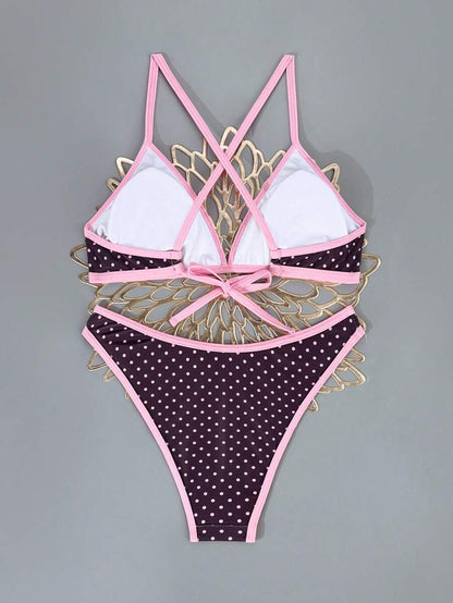 Women's Sporty Triangle Bikini Set - Contrasting Trim, Criss Cross, Spaghetti Strap, Navy Blue