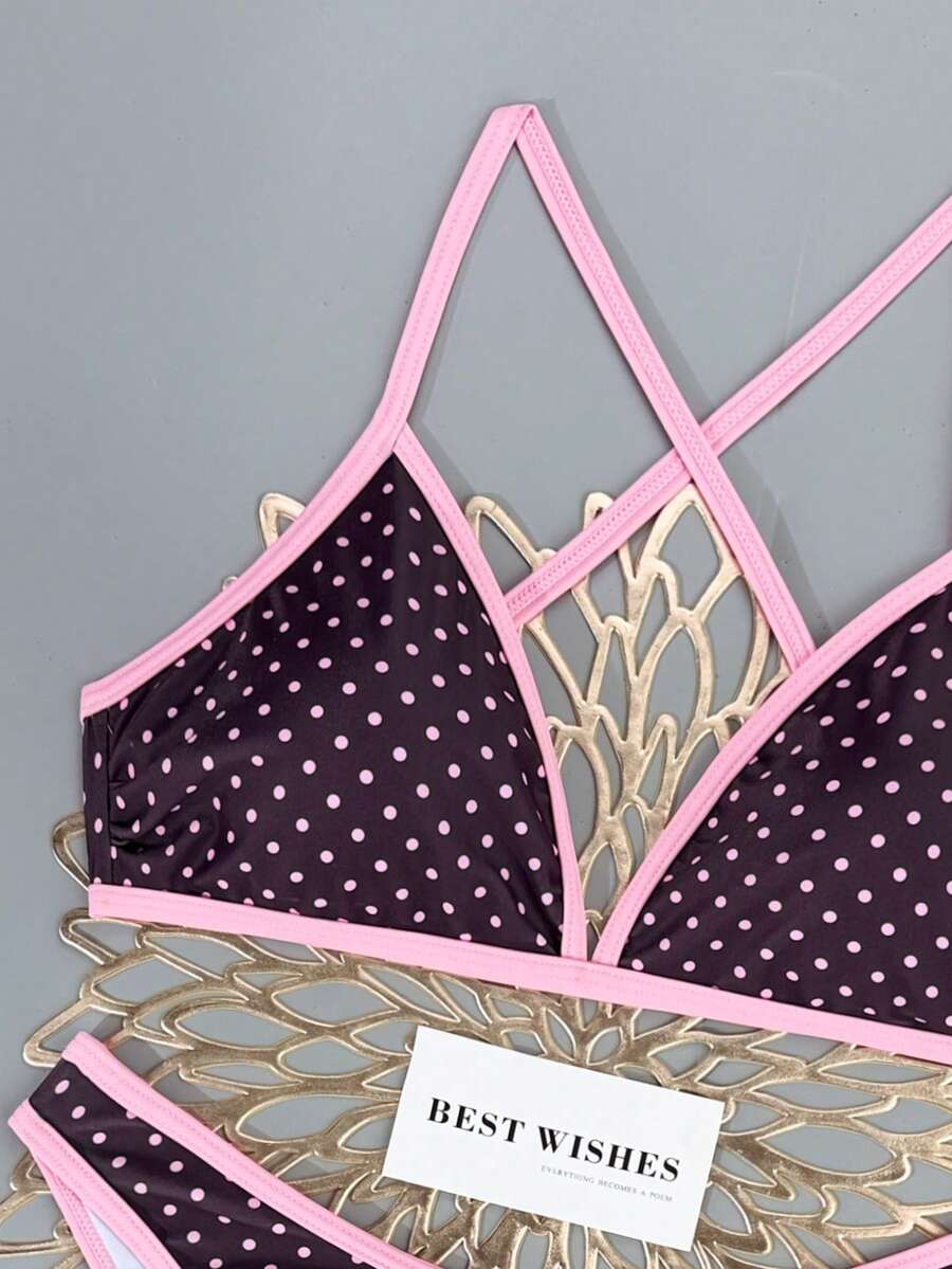 Women's Sporty Triangle Bikini Set - Contrasting Trim, Criss Cross, Spaghetti Strap, Navy Blue