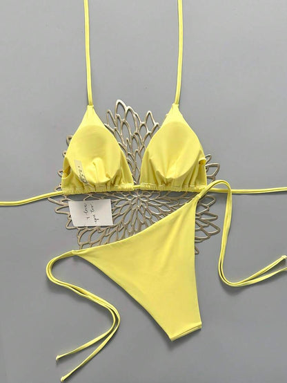 Women's Solid Halter Bikini Set - Knot Detail, Tie Side, Triangle Cup, Navy Blue