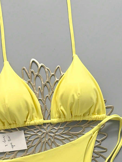 Women's Solid Halter Bikini Set - Knot Detail, Tie Side, Triangle Cup, Navy Blue