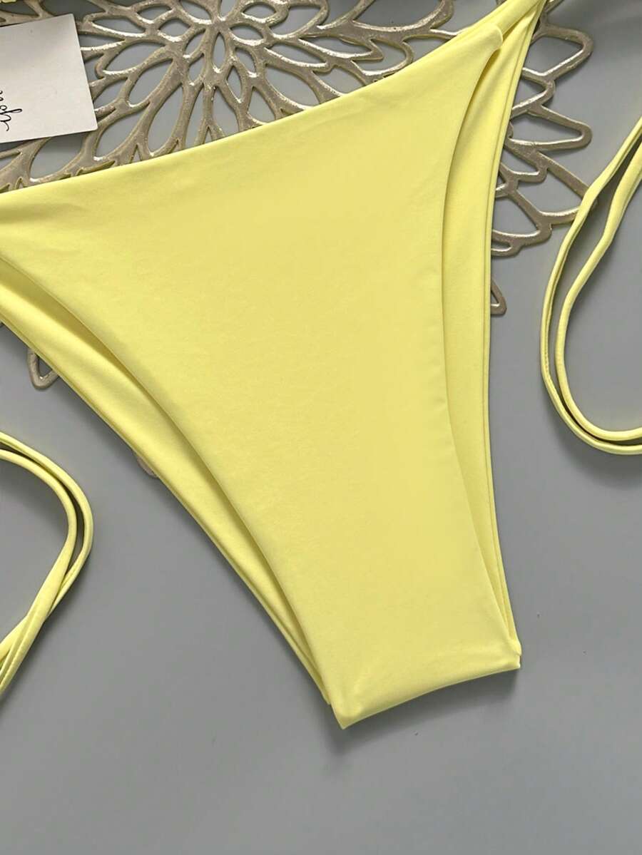 Women's Solid Halter Bikini Set - Knot Detail, Tie Side, Triangle Cup, Navy Blue