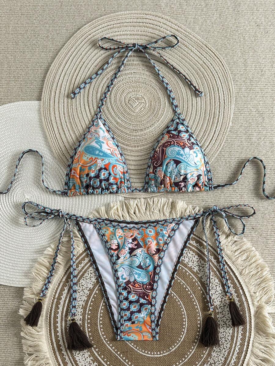 Swim Vcay Women's Summer Vacation Beach Paisley Print Halter Neck Bikini Set