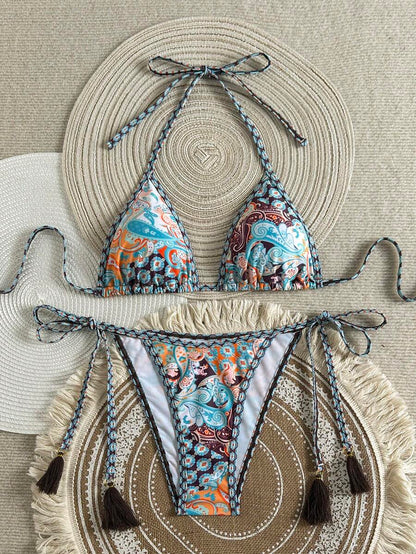 Swim Vcay Women's Summer Vacation Beach Paisley Print Halter Neck Bikini Set