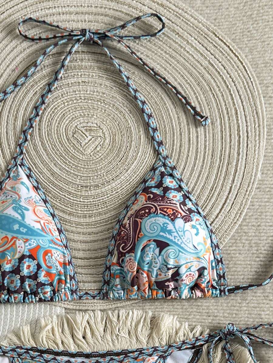 Swim Vcay Women's Summer Vacation Beach Paisley Print Halter Neck Bikini Set