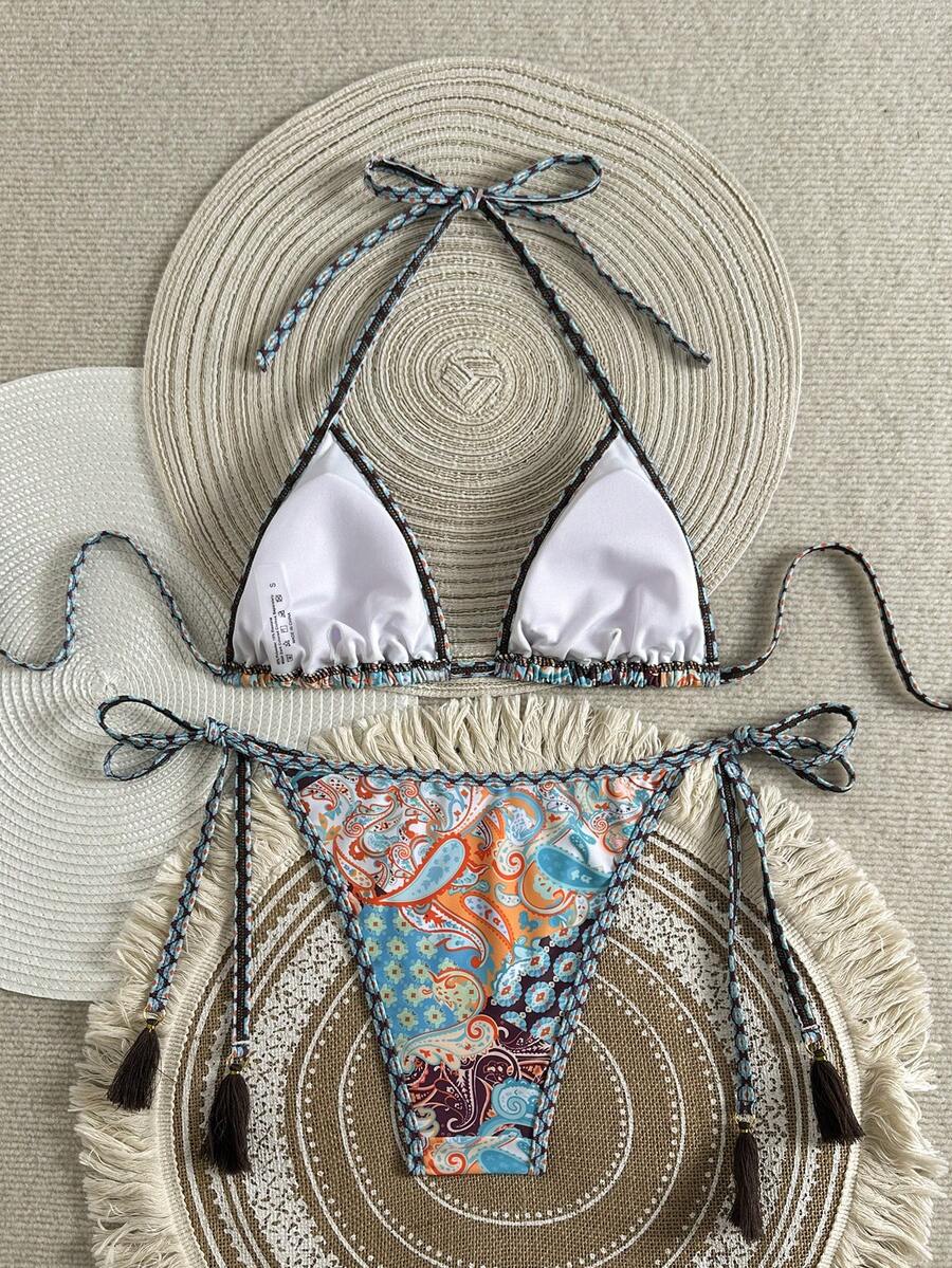 Swim Vcay Women's Summer Vacation Beach Paisley Print Halter Neck Bikini Set