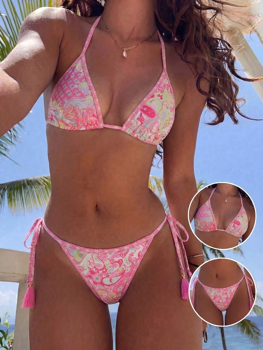 Swim Vcay Women's Summer Vacation Beach Paisley Print Halter Neck Bikini Set