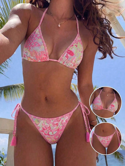 Swim Vcay Women's Summer Vacation Beach Paisley Print Halter Neck Bikini Set