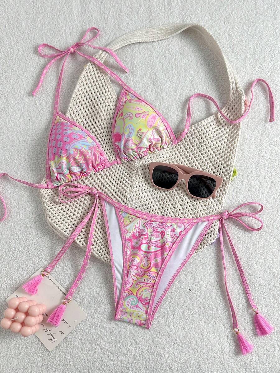 Swim Vcay Women's Summer Vacation Beach Paisley Print Halter Neck Bikini Set