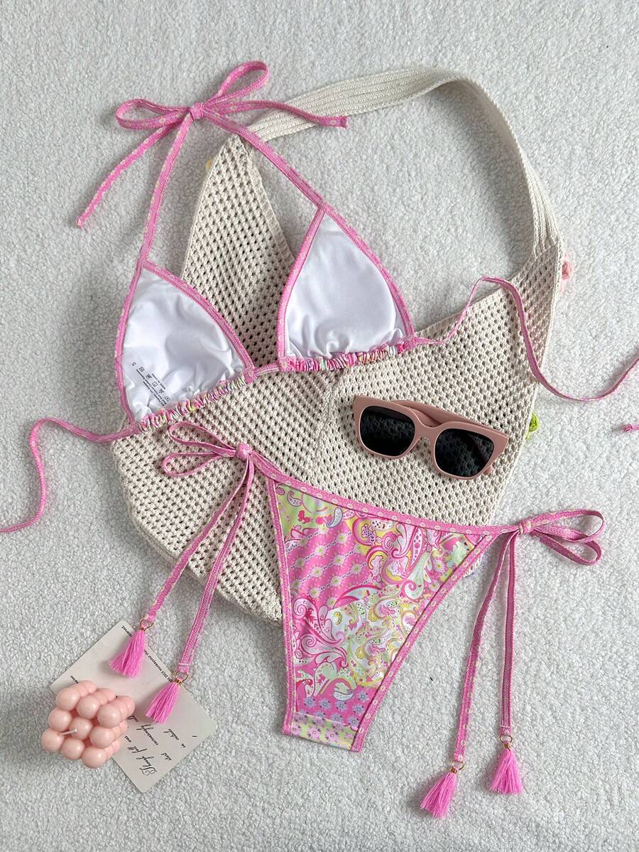 Swim Vcay Women's Summer Vacation Beach Paisley Print Halter Neck Bikini Set