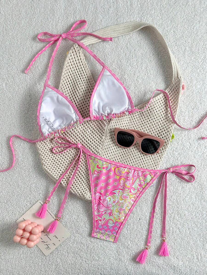 Swim Vcay Women's Summer Vacation Beach Paisley Print Halter Neck Bikini Set