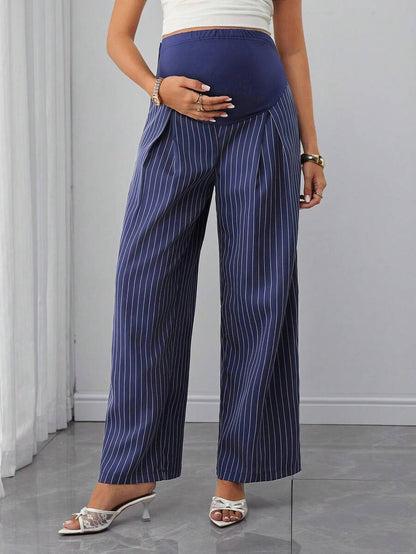 Maternity Striped Trousers - Belly Support, Straight Leg, Regular Fit, Navy Blue