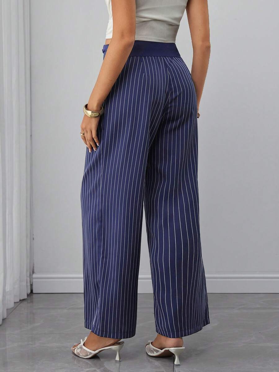 Maternity Striped Trousers - Belly Support, Straight Leg, Regular Fit, Navy Blue