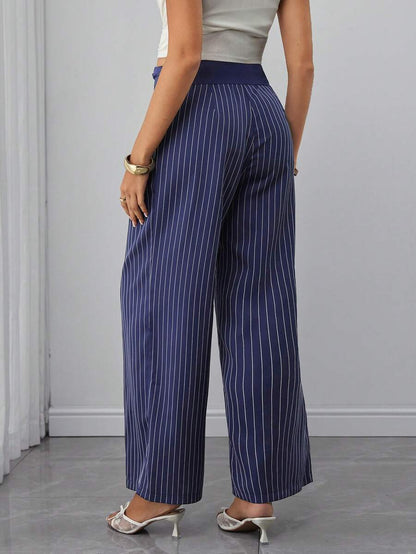 Maternity Striped Trousers - Belly Support, Straight Leg, Regular Fit, Navy Blue