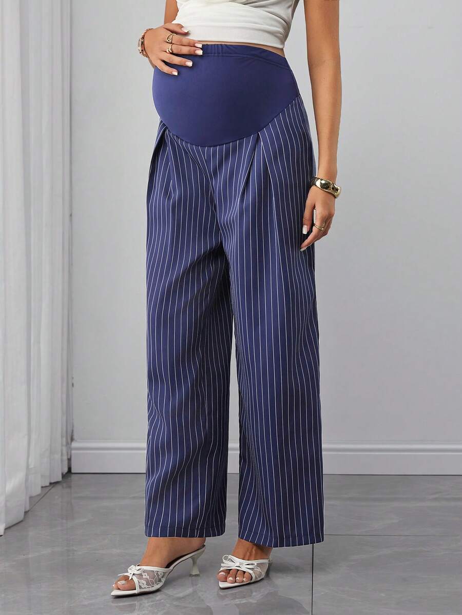 Maternity Striped Trousers - Belly Support, Straight Leg, Regular Fit, Navy Blue