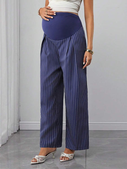 Maternity Striped Trousers - Belly Support, Straight Leg, Regular Fit, Navy Blue