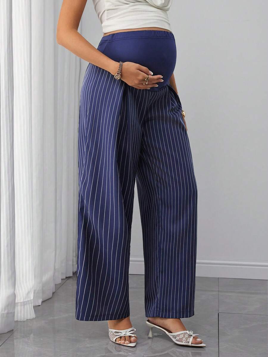 Maternity Striped Trousers - Belly Support, Straight Leg, Regular Fit, Navy Blue