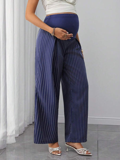 Maternity Striped Trousers - Belly Support, Straight Leg, Regular Fit, Navy Blue