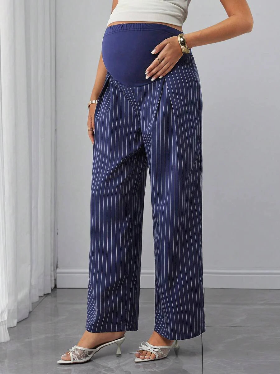 Maternity Striped Trousers - Belly Support, Straight Leg, Regular Fit, Navy Blue