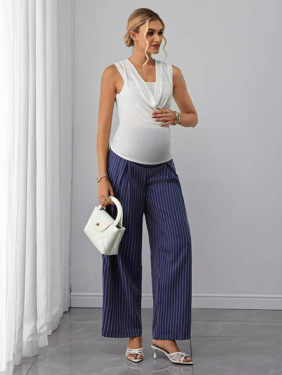 Maternity Striped Trousers - Belly Support, Straight Leg, Regular Fit, Navy Blue