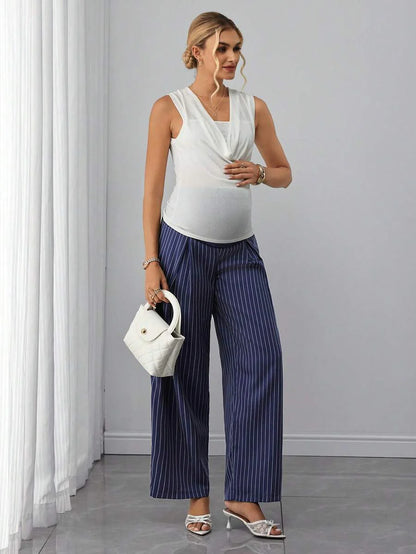 Maternity Striped Trousers - Belly Support, Straight Leg, Regular Fit, Navy Blue