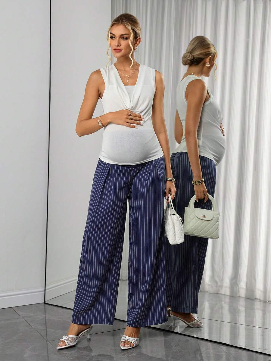 Maternity Striped Trousers - Belly Support, Straight Leg, Regular Fit, Navy Blue