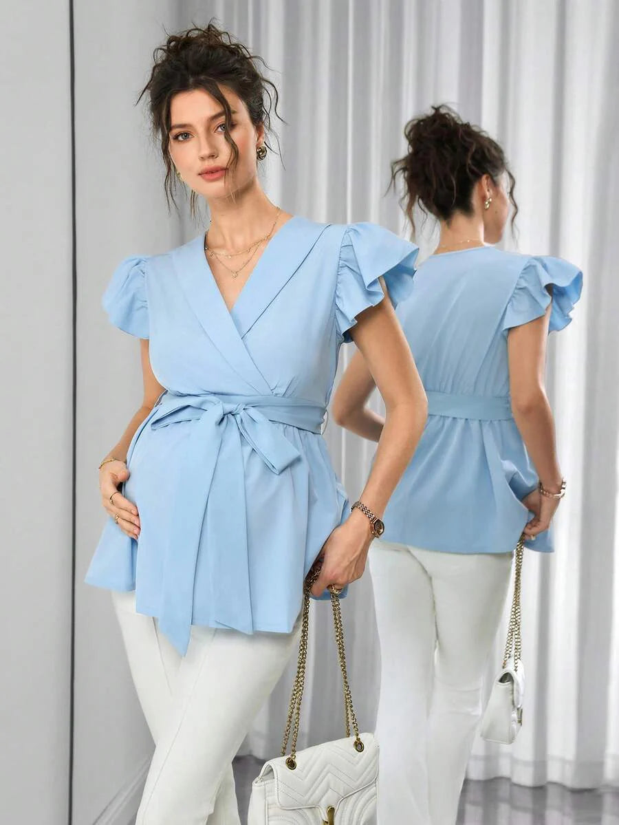 Maternity Peplum Top - Shawl Collar, Cap Flounce Sleeve, Waist Tie, Bow Front, Baby Blue