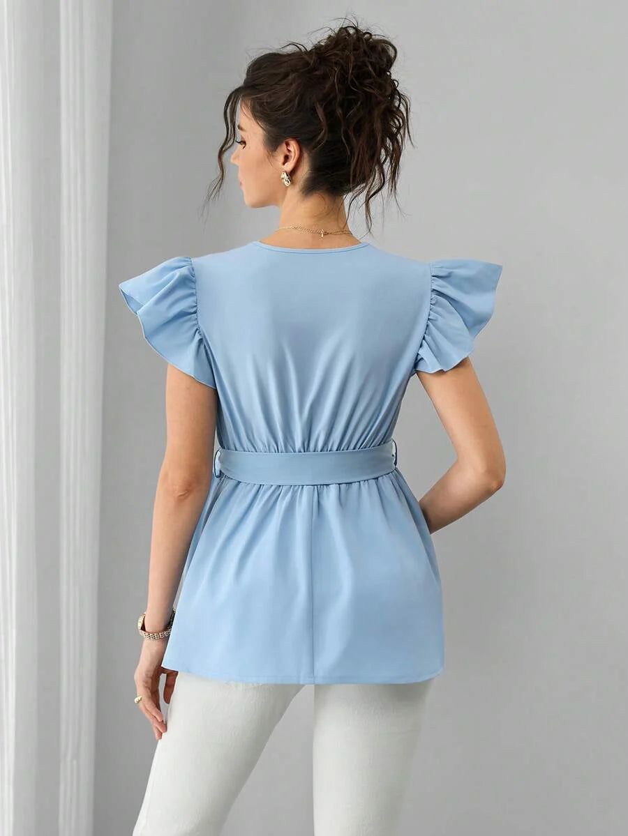 Maternity Peplum Top - Shawl Collar, Cap Flounce Sleeve, Waist Tie, Bow Front, Baby Blue