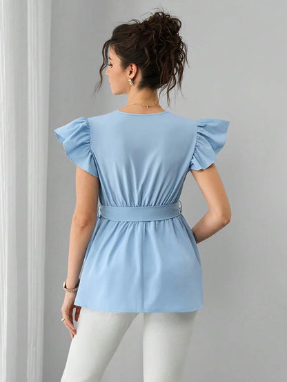 Maternity Peplum Top - Shawl Collar, Cap Flounce Sleeve, Waist Tie, Bow Front, Baby Blue