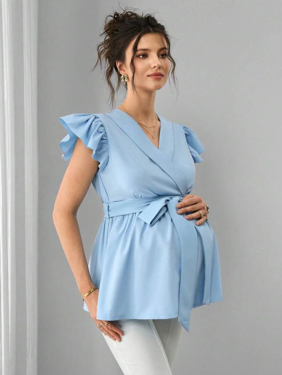 Maternity Peplum Top - Shawl Collar, Cap Flounce Sleeve, Waist Tie, Bow Front, Baby Blue