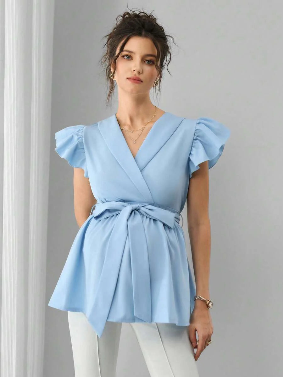 Maternity Peplum Top - Shawl Collar, Cap Flounce Sleeve, Waist Tie, Bow Front, Baby Blue
