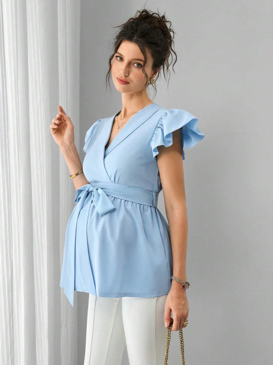 Maternity Peplum Top - Shawl Collar, Cap Flounce Sleeve, Waist Tie, Bow Front, Baby Blue