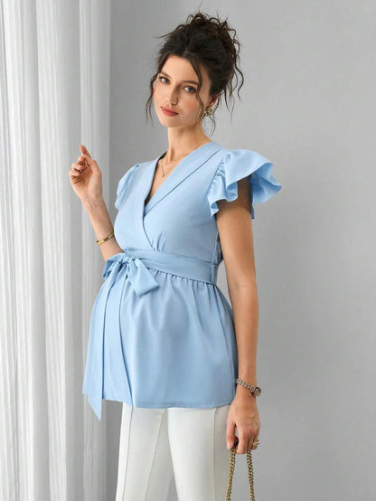 Maternity Peplum Top - Shawl Collar, Cap Flounce Sleeve, Waist Tie, Bow Front, Baby Blue