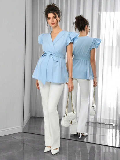 Maternity Peplum Top - Shawl Collar, Cap Flounce Sleeve, Waist Tie, Bow Front, Baby Blue