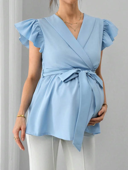Maternity Peplum Top - Shawl Collar, Cap Flounce Sleeve, Waist Tie, Bow Front, Baby Blue