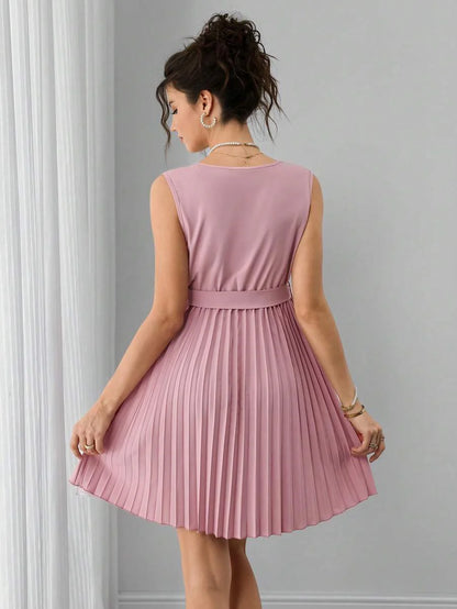 Maternity A-Line Mini Dress - Deep V Neck, Sleeveless, Wrap Waist, Belted, Pleated Hem, Dusty Pink