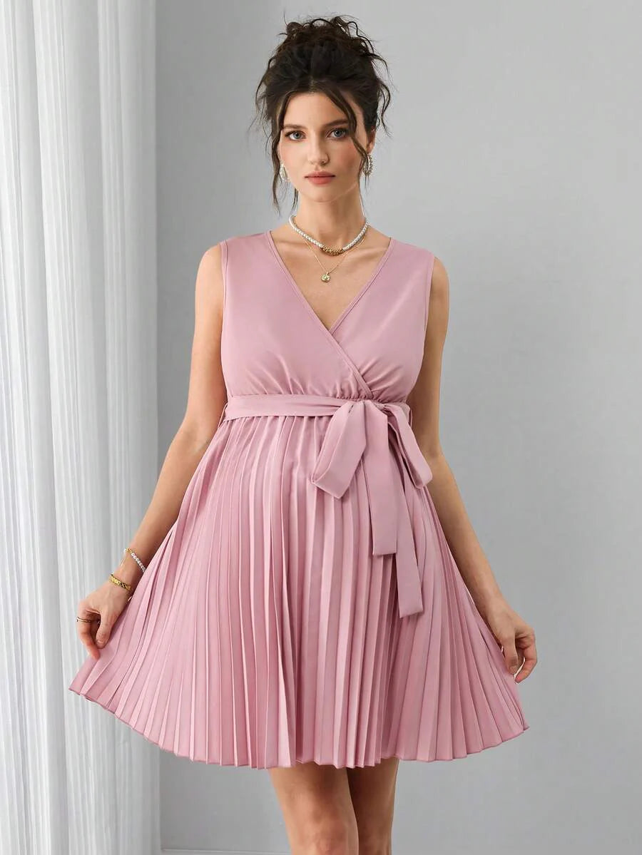 Maternity A-Line Mini Dress - Deep V Neck, Sleeveless, Wrap Waist, Belted, Pleated Hem, Dusty Pink