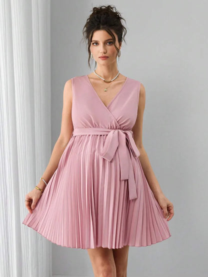 Maternity A-Line Mini Dress - Deep V Neck, Sleeveless, Wrap Waist, Belted, Pleated Hem, Dusty Pink