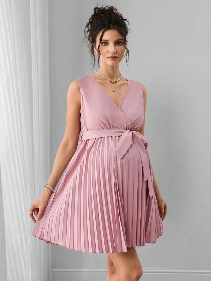 Maternity A-Line Mini Dress - Deep V Neck, Sleeveless, Wrap Waist, Belted, Pleated Hem, Dusty Pink