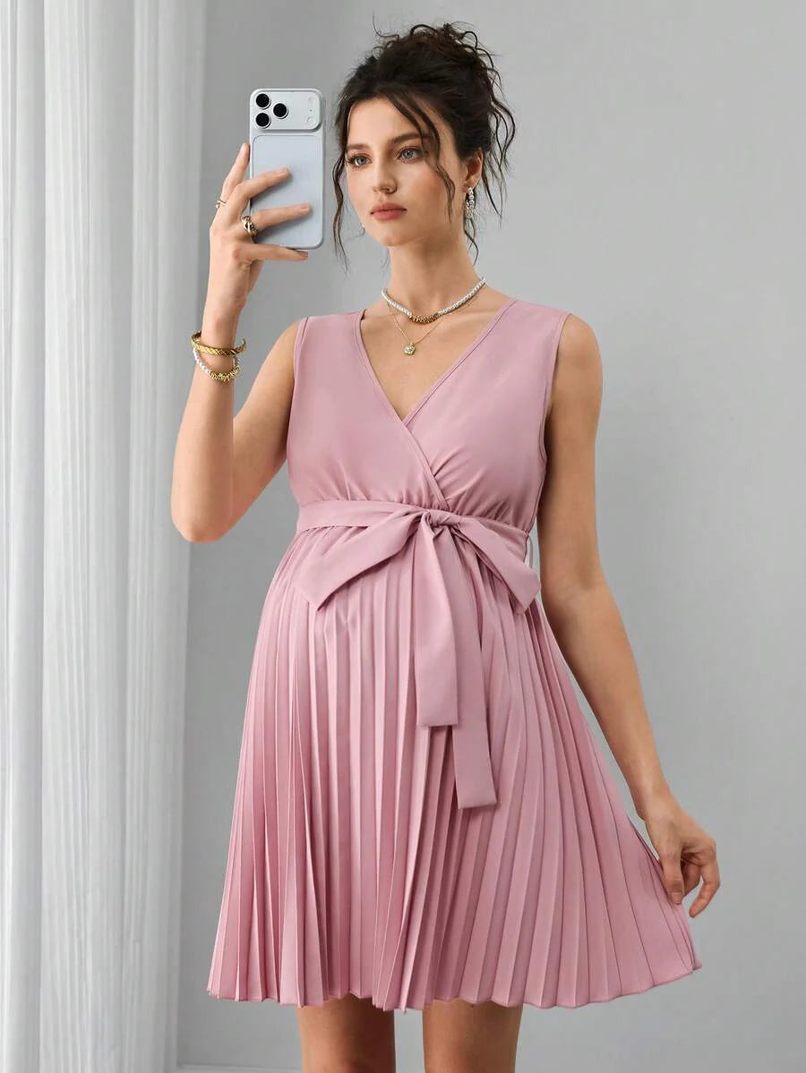 Maternity A-Line Mini Dress - Deep V Neck, Sleeveless, Wrap Waist, Belted, Pleated Hem, Dusty Pink