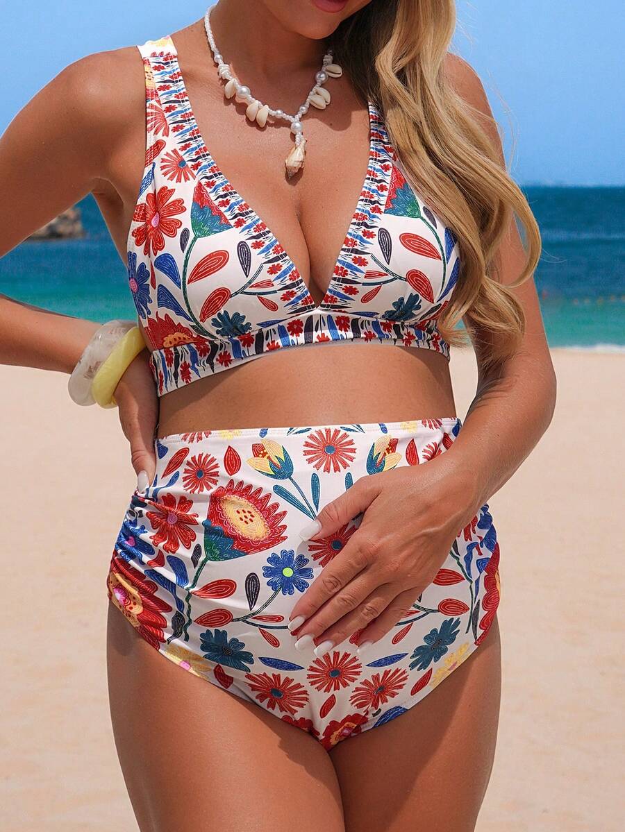 Maternity High Waist Boho Tropical Swimsuit Set - Women's V Neck Wrap Monokini & Beach Vacation Swimwear with High Stretch