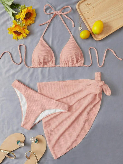 Swim Vcay Summer Beach Plain Halter Triangle Bikini Set With Beach Skirt