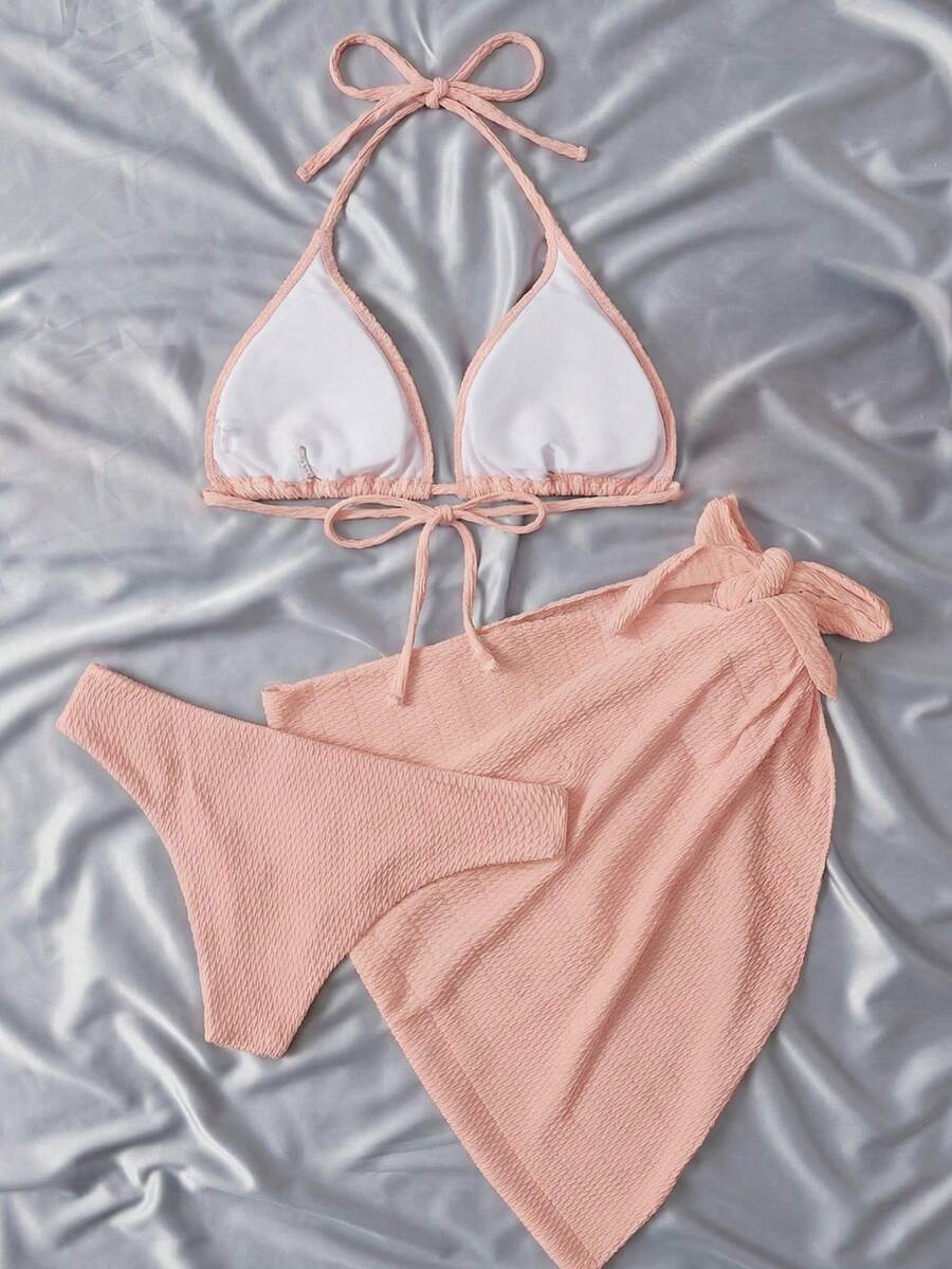 Swim Vcay Summer Beach Plain Halter Triangle Bikini Set With Beach Skirt