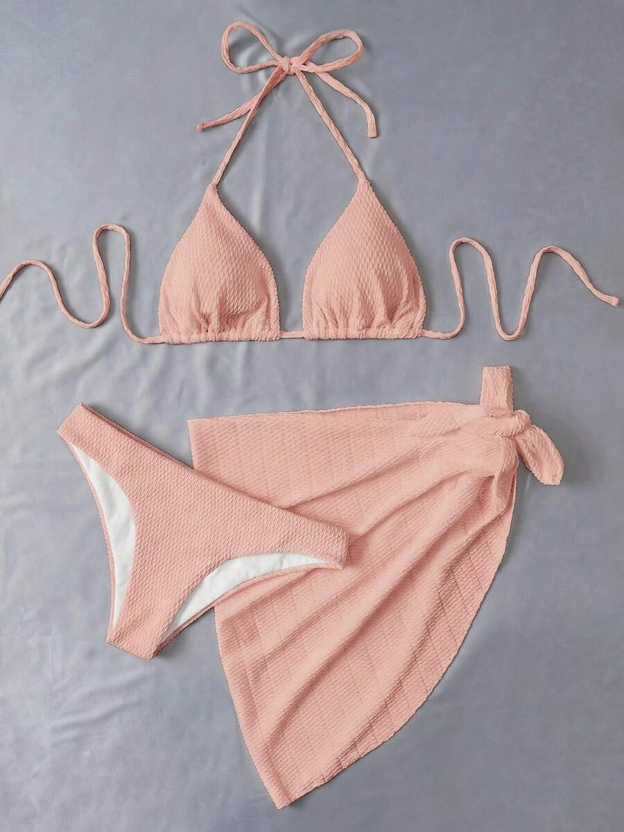 Swim Vcay Summer Beach Plain Halter Triangle Bikini Set With Beach Skirt