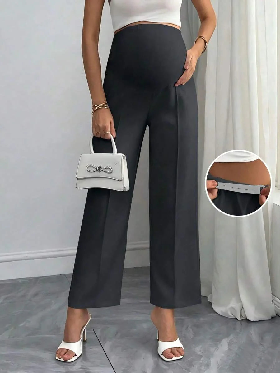 Maternity Straight Leg Pants - Elastic High Waist, Casual & Office, Long, Army Green