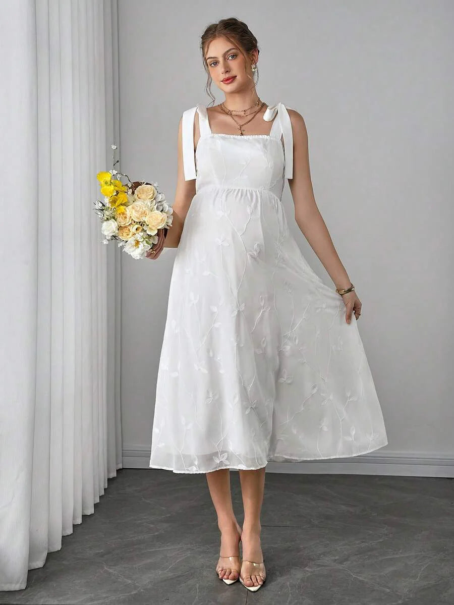 Maternity Embroidered Cami A-Line Midi Dress - Strap, Sleeveless, High Waist, Slim Fit, White