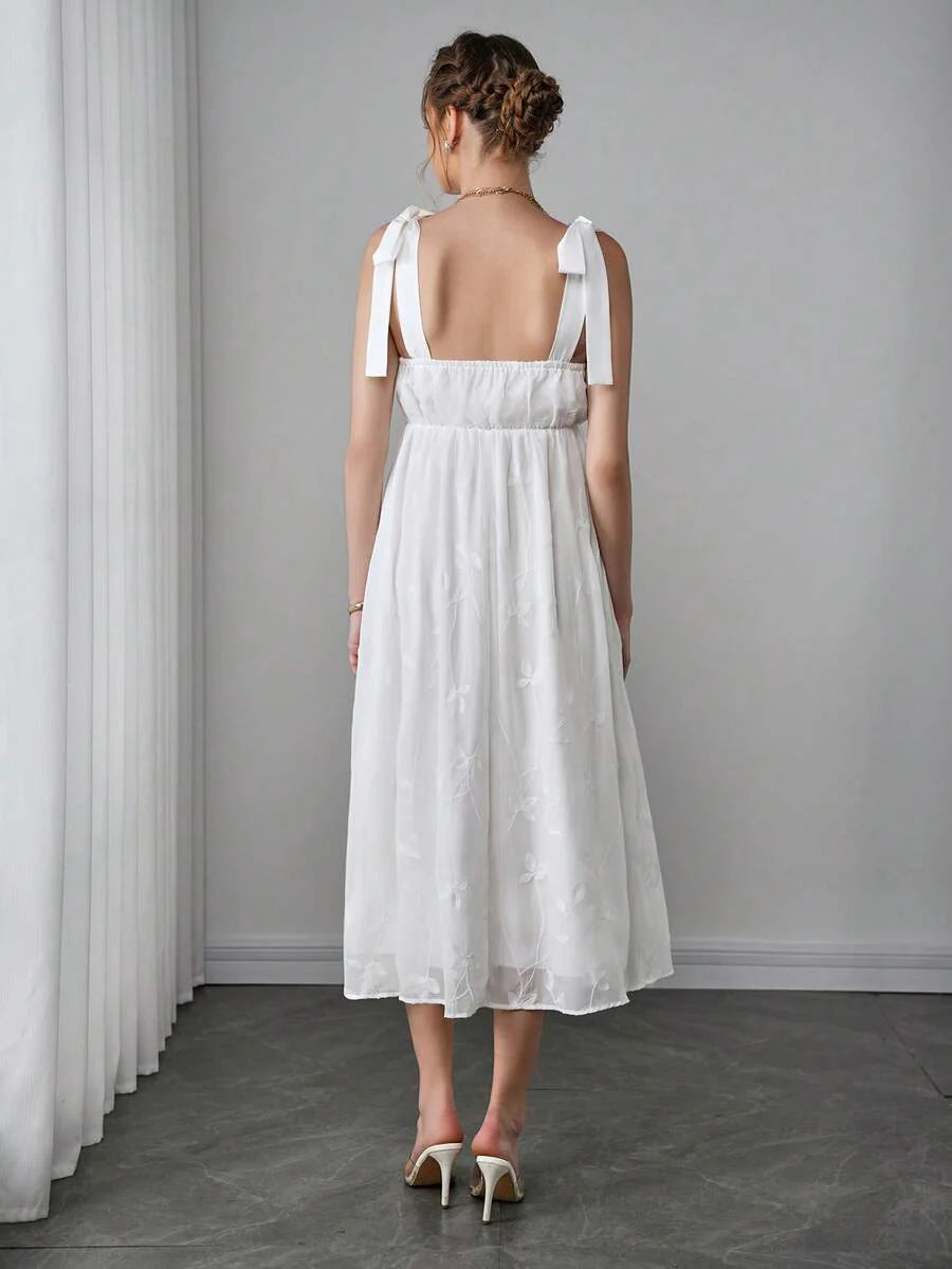 Maternity Embroidered Cami A-Line Midi Dress - Strap, Sleeveless, High Waist, Slim Fit, White